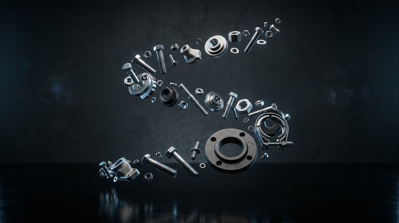 Fasteners, machined parts, castings and clamps floating in a spiral