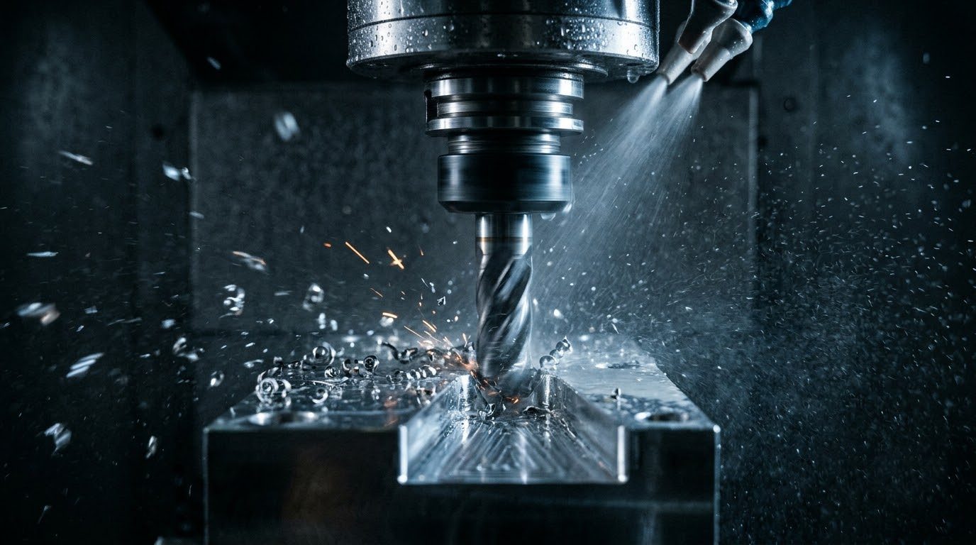 CNC spindle cutting a steel component