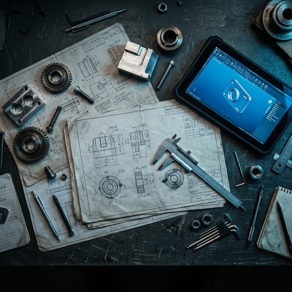 Engineer's desk with technical drawings and sample parts