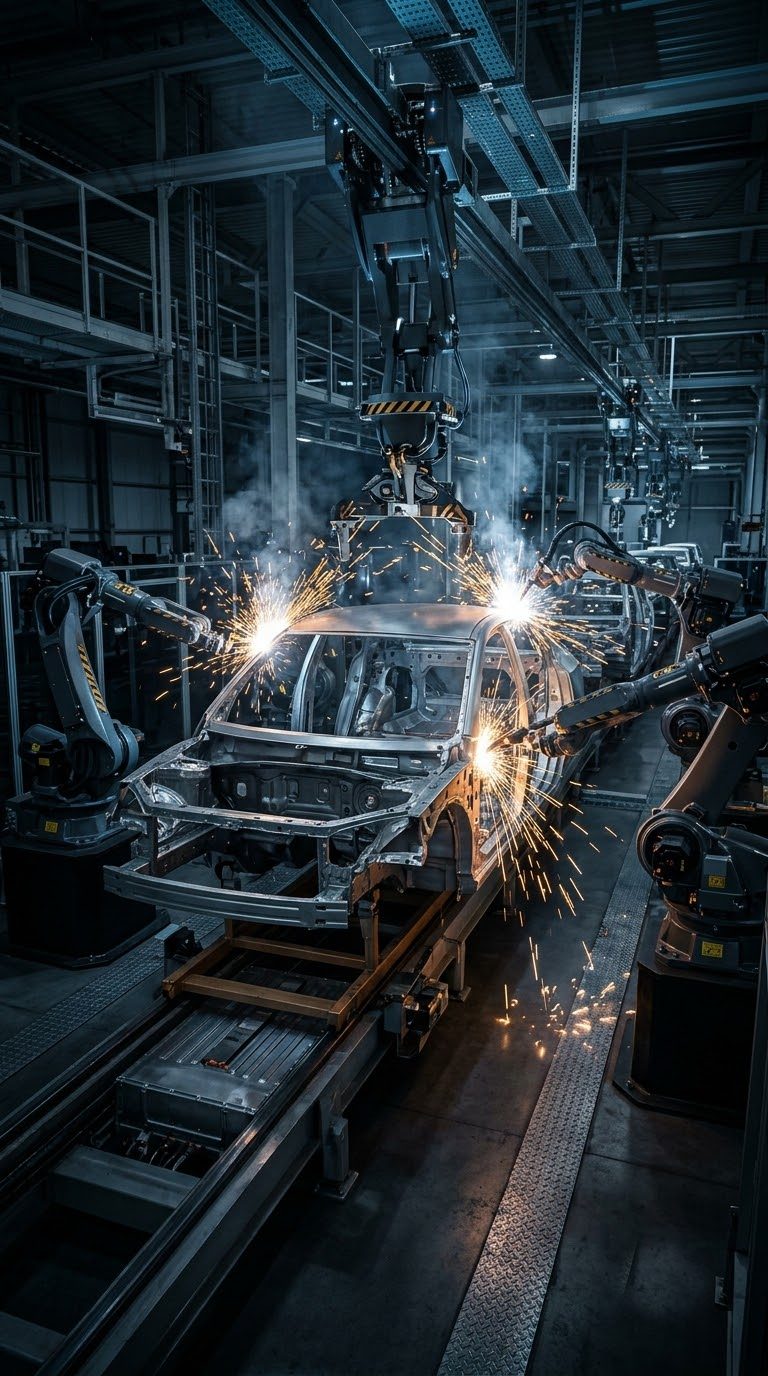 Robotic arms welding a car body on an assembly line