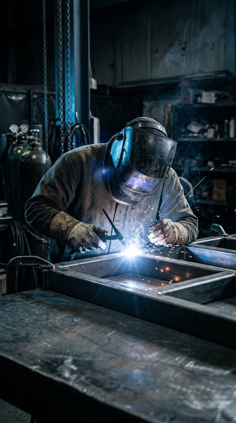 Welder TIG-welding a steel frame