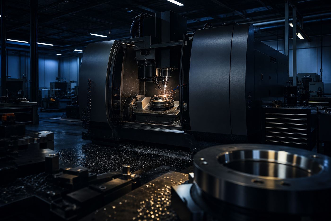 Dark manufacturing floor with a CNC machining centre