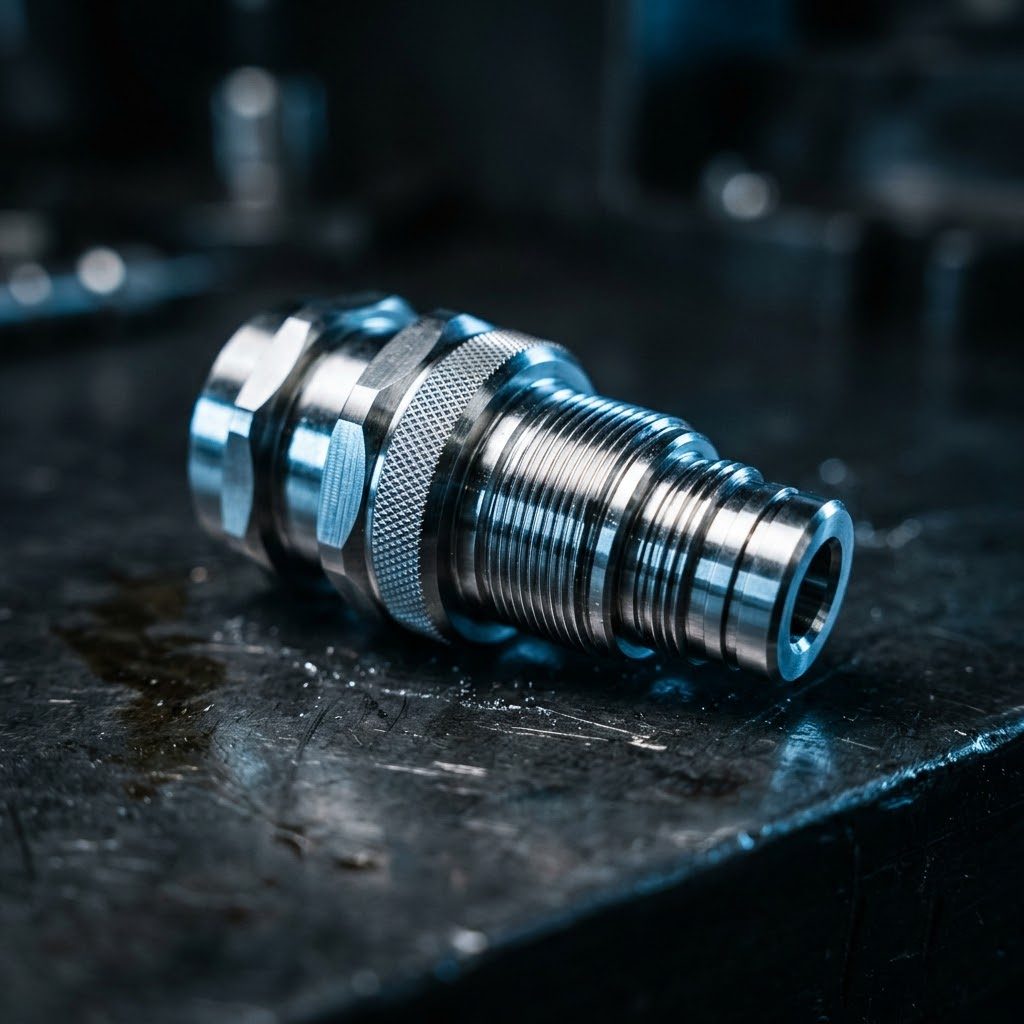 Precision machined stainless steel component on a workbench