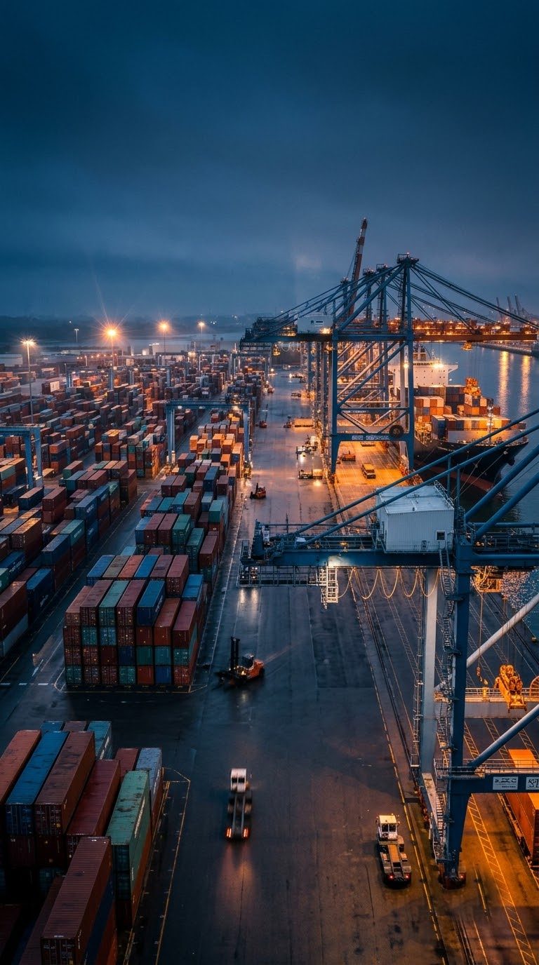 Container port with cranes at blue hour