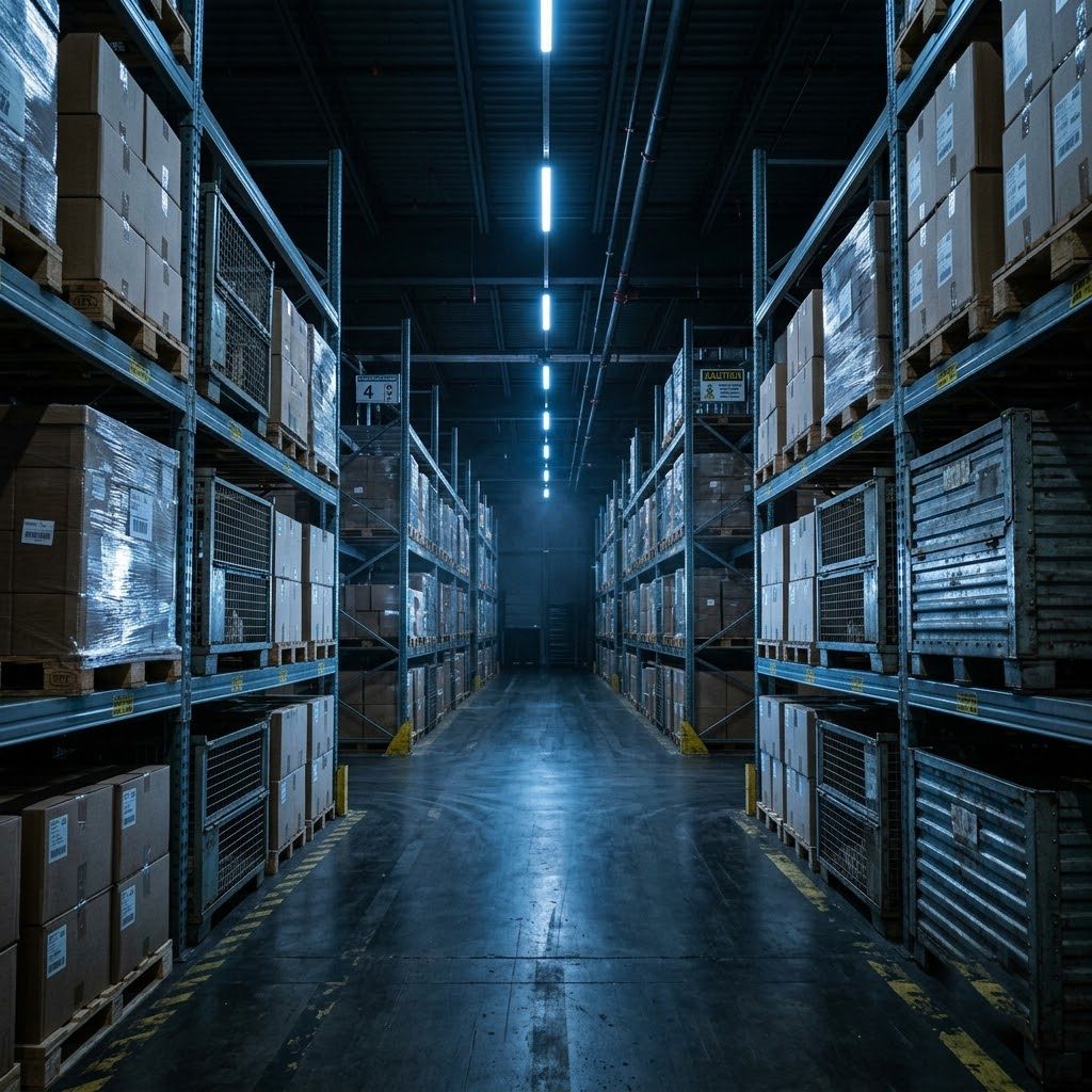Warehouse aisle with stacked cartons