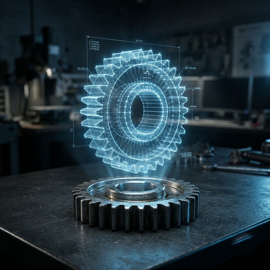CAD wireframe of a gear above a steel gear